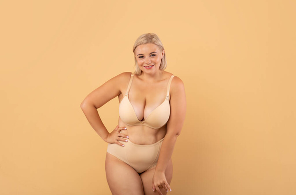 Plus Size Woman. Portrait Of Beautiful Curvy Body Positive Lady In Underwear - Фото, изображение