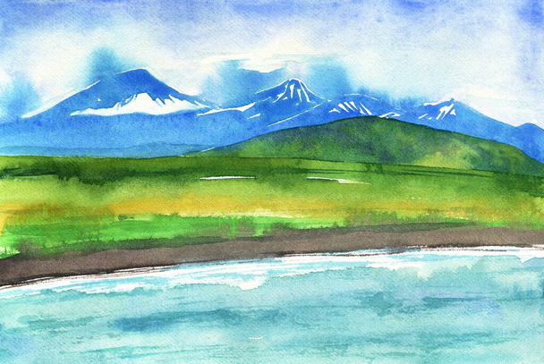 Aquarelle montagne bleue. Paysage de collines vertes. Montagnes insulaires - Photo, image