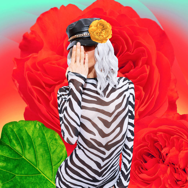 Contemporary digital funky minimal collage poster. Stylish zebra Lady in flowers space. Back in 90s. Pop art zine fashion culture. - Foto, Bild