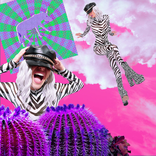 Contemporary digital funky minimal collage poster. Party emotional zebra Girl in fantasy space. Back in 90s. Pop art zine fashion culture. - Фото, изображение