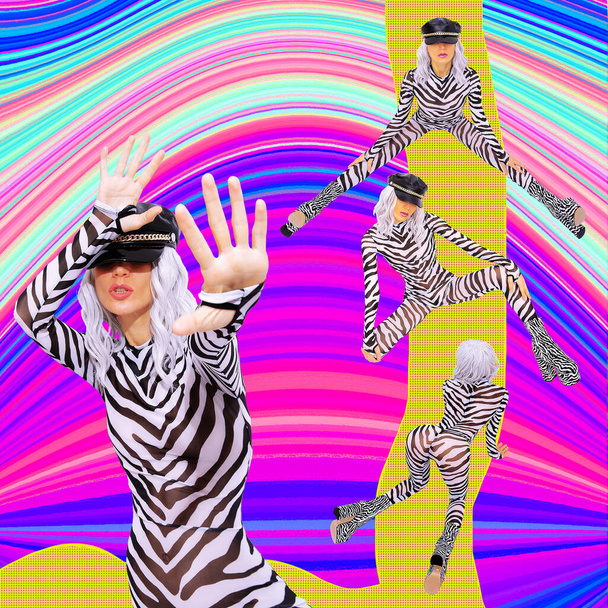 Contemporary digital funky minimal collage poster. Stylish zebra Girl in geometry space. Back in 90s. Pop art zine fashion culture. - Фото, изображение