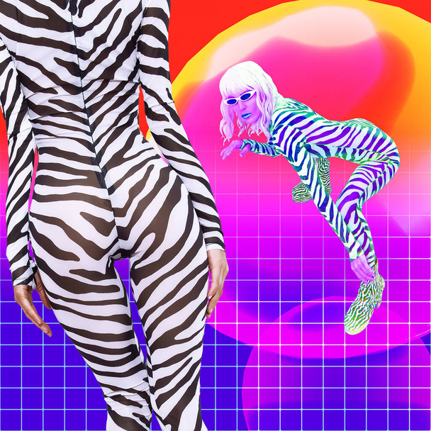 Contemporary digital funky minimal collage poster. Stylish zebra Girl in abstract vaporwave space. Back in 90s. Pop art zine fashion culture. - Foto, Imagen