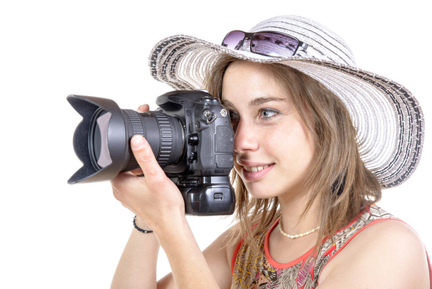 Chica tomar una foto con cámara digital
  - Foto, Imagen