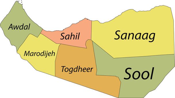 Пастельная векторная карта Республики Сомалиленд с черными границами и названиями ее регионов - Вектор,изображение