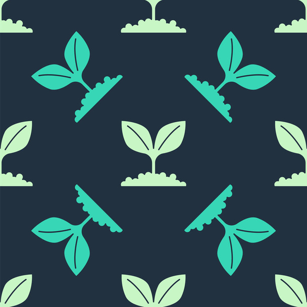 Grünes und beiges Pflanzensymbol isoliert nahtloses Muster auf blauem Hintergrund. Samen und Sämlinge. Laubblätter winken. Blätternatur. Vektor - Vektor, Bild