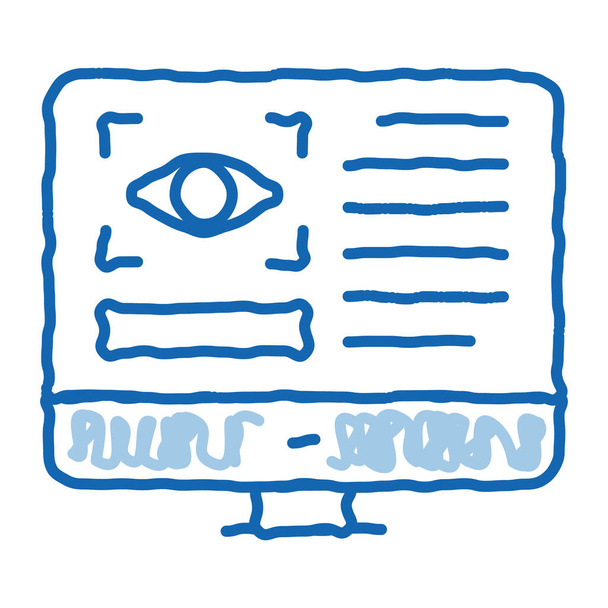 Оптометрія онлайн Інформація Ескіз піктограма вектор. Рука намальована синя каракулі лінії мистецтва Око і інформація на комп'ютер дисплей оптометрії інформаційний знак. ізольована ілюстрація символів
 - Вектор, зображення