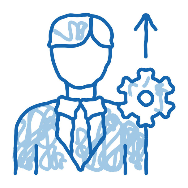 Produttività umana Crescita schizzo icona vettore. Disegnato a mano blu doodle line art Businessman Silhouette con freccia di crescita e segno meccanico ingranaggio. illustrazione simbolo isolato - Vettoriali, immagini