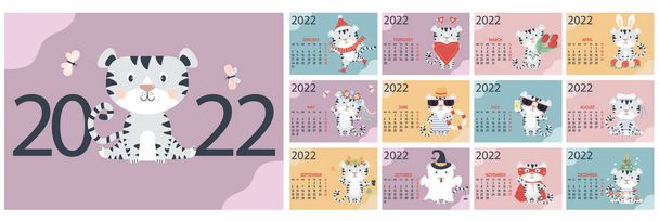 Modelo para o calendário anual 2022. conjunto de 12 páginas e uma capa com um tigre branco bonito em Inglês. Ilustração vetorial. Semana a partir de segunda. Ano do Tigre de acordo com o calendário chinês - Vetor, Imagem