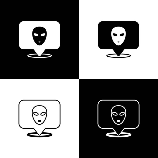 Állítsa Alien ikon elszigetelt fekete-fehér háttér. Földönkívüli idegen arc vagy fej szimbólum. Vektor - Vektor, kép