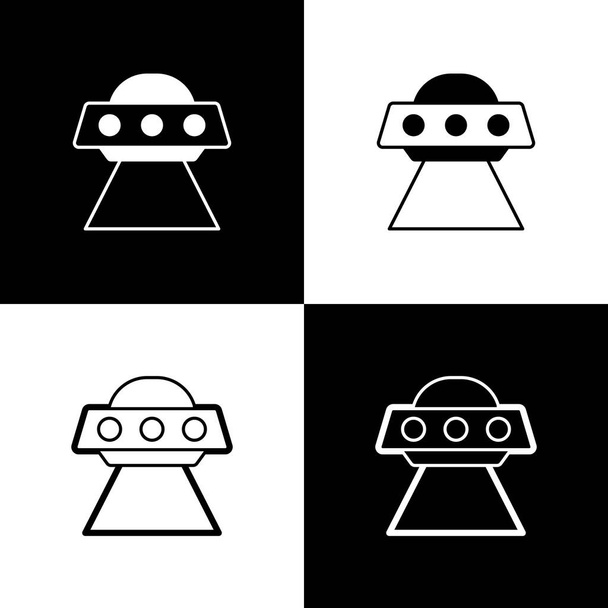 Set UFO fliegendes Raumschiff Symbol isoliert auf schwarzem und weißem Hintergrund. Fliegende Untertasse vorhanden. Alien-Raumschiff. Futuristisches unbekanntes Flugobjekt. Vektor - Vektor, Bild