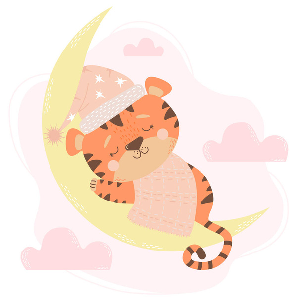 cute tiger girl cub in a nightcap sleeps on the moon on pink background with clouds. Vector illustration. Baby animal concept for nursery, design, decoration, postcards and prints. Year of the Tiger - Vektor, kép