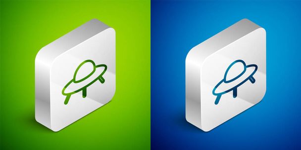 Isometric line UFO flying spaceship icon isolated on green and blue background. Flying saucer. Alien space ship. Futuristic unknown flying object. Silver square button. Vector - Vector, Image