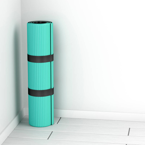 Rolled yoga mat in the room - Foto, afbeelding