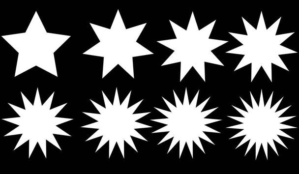 Estrellas vectoriales blancas parpadeantes aisladas sobre fondo oscuro. Brillante brillo iconos estrella conjunto ilustración - Vector, imagen