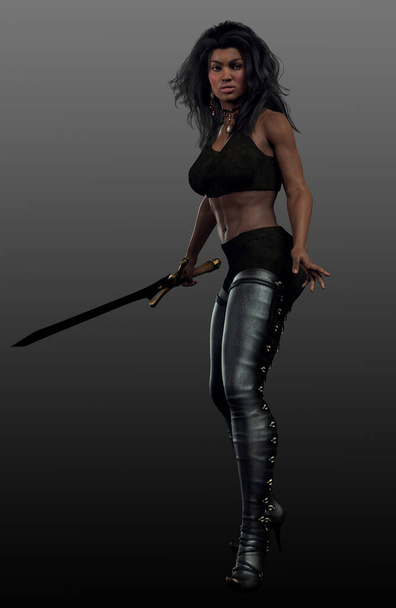 African American Urban Fantasy Woman in Black Leather - Photo, Image