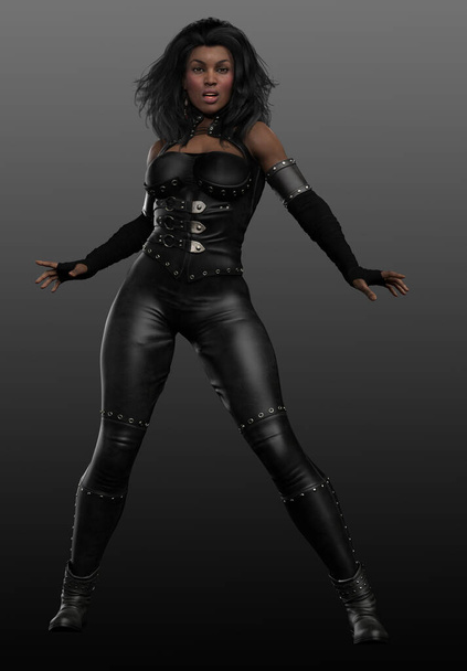 African American Urban Fantasy Woman in Black Leather - Photo, Image