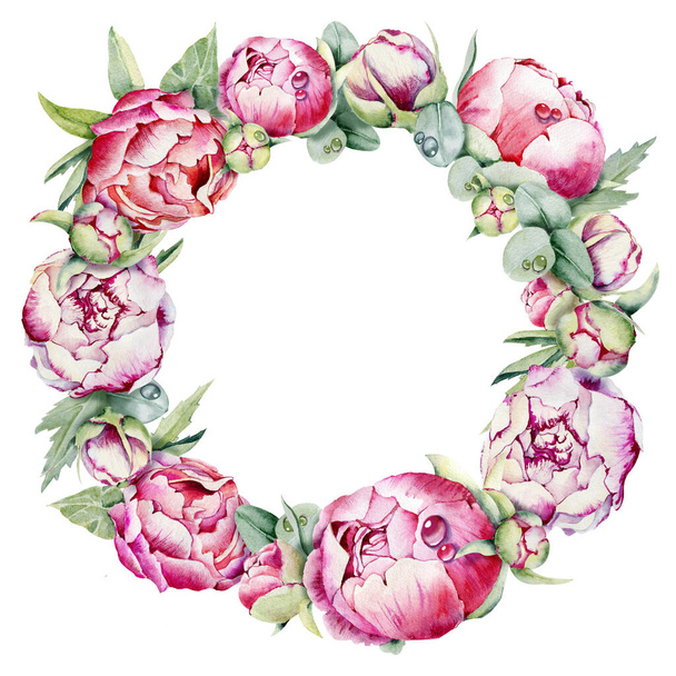 Watercolor round floral wreath, peonies flower frame. Hand drawn illustration isolated on white background high resolution. Design for wedding card, cover, congratulations, invitations - Photo, Image