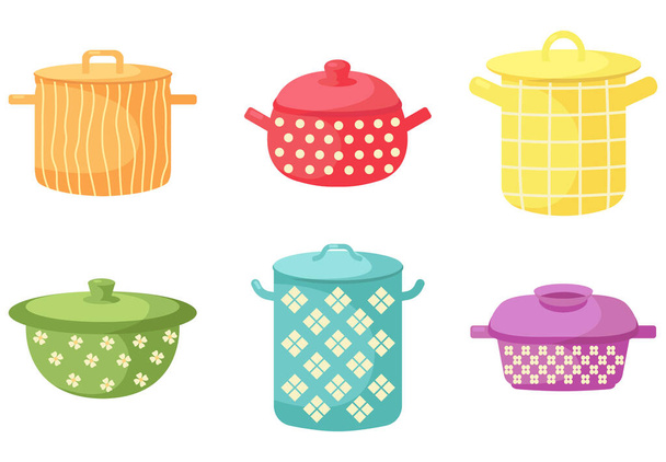 Cartoon cooking pots. Set of kitchen utensils. Kitchen colorful appliances. Flat vector illustration on a white background. - Vector, Image