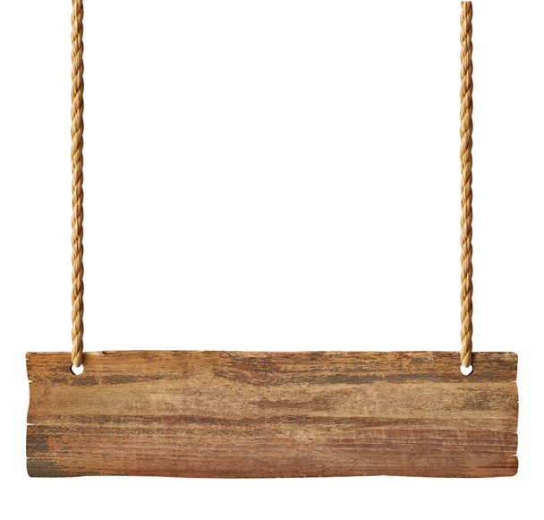 wooden blank sign hanging with chain and rope on white background - Photo, Image