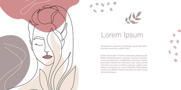 Vector woman Portrait one line, Abstract minimalistic, leaves and flower in  pastel colors. Continuous line art.  Template with copy space for text  for invitation, cards, banner and poster, Landing - Vector, Image