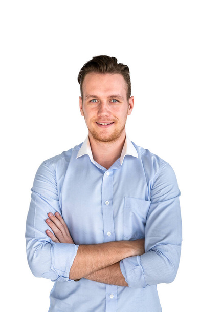 Portrait of confident Caucasian male  researcher wearing light blue shirt standing cross arms isolated on white background - Fotó, kép