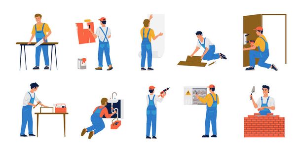 Home repair workers. House maintenance. Construction brigade make renovation. Painter glues wallpaper and workman builds brick wall. Plumber works with sewerage. Vector repairmen set - Vector, Image