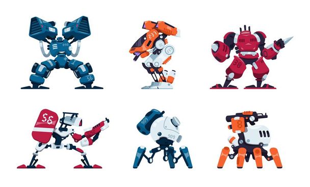 War robots. Cartoon battle machine, super hero in futuristic exoskeleton. Military drones. Scientific innovation weapon technology. Armor concept. Game asset. Vector power suit set - Vector, Image