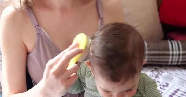 Äiti kampaamalla hiukset vauvan päähän, kun hän istuu äidin käsivarsissa - Materiaali, video