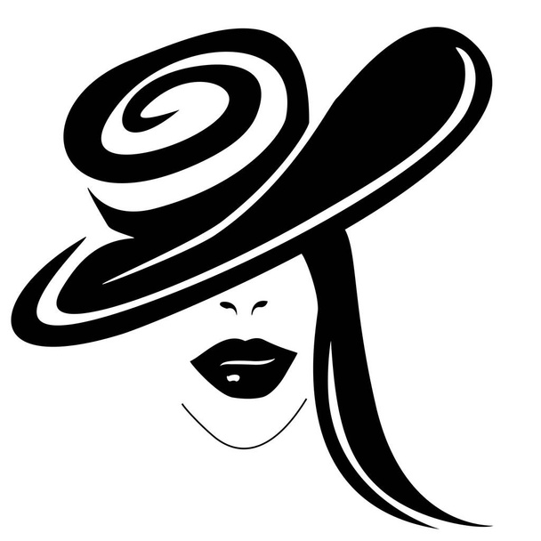 Modefrauen mit Hut. Lange dunkle Haare, dunkle Lippen - Vektor, Bild