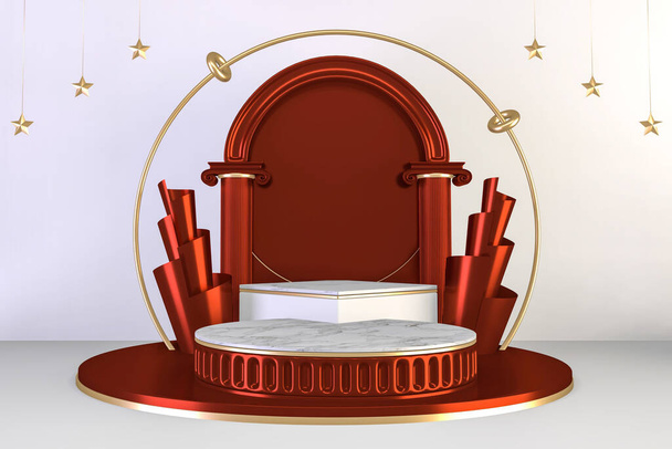 Gold podium show in red color background.3D rendering - Foto, Imagem