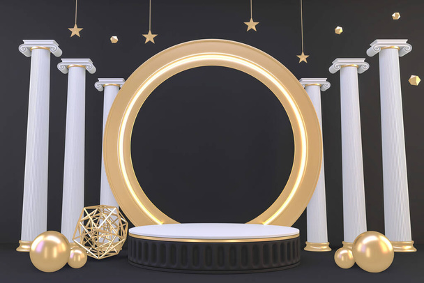 3d rendering, gold Luxury Podium roman style on background black for show product. - Фото, зображення