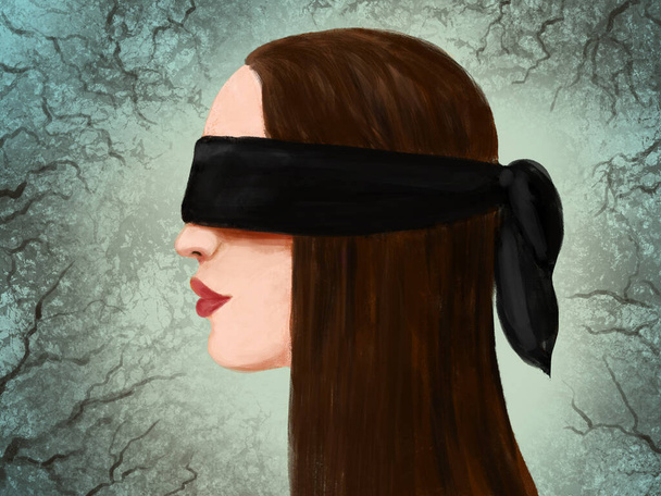Ilustración de una mujer con ojos vendados. Perfil femenino con una venda. Metáfora de pérdida, riesgo y evitación de problemas, depresión - Foto, Imagen