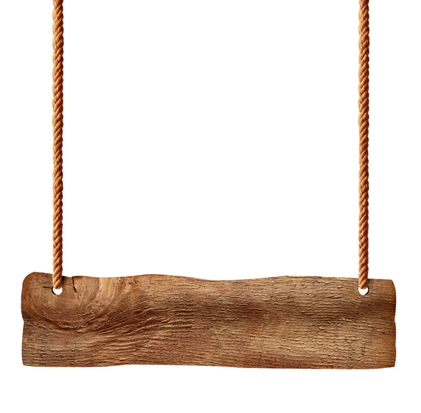 panneau blanc en bois suspendu avec chaîne et corde sur fond blanc - Photo, image