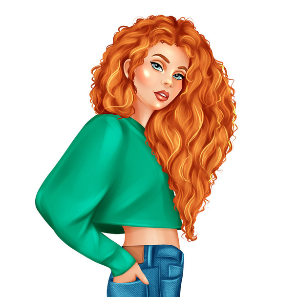 Linda menina de cabelo vermelho. ilustração de moda desenhada à mão - Foto, Imagem