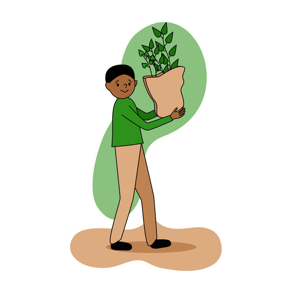 Környezetbarát koncepció, egy sötét bőrű ember sétál, és egy csomag fiatal növények a kezében, boldog emberek gondoskodnak a természet öko, zöld béke plakát, design elem vektor illusztráció - Vektor, kép
