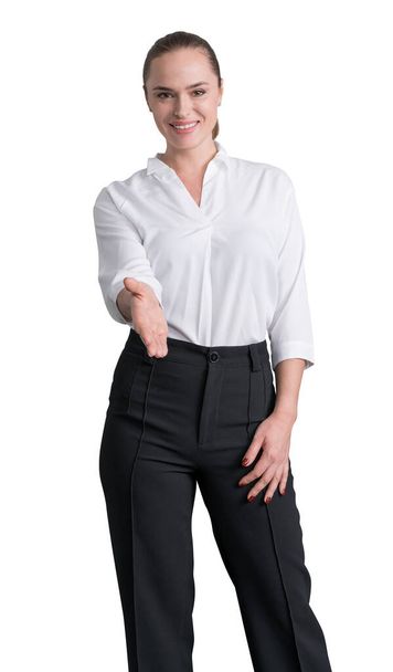 Front view of smiling attractive businesswoman in formal clothes holds out her hand for a handshake. Isolated on white background - Φωτογραφία, εικόνα