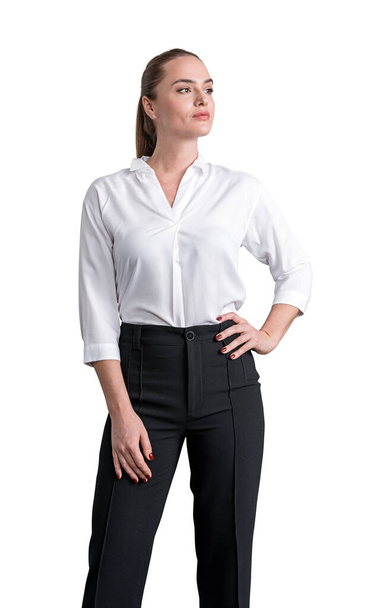 Front view of attractive business woman in white shirt with confident look, isolated over white background. Concept of personal growth, management and success. - Foto, immagini