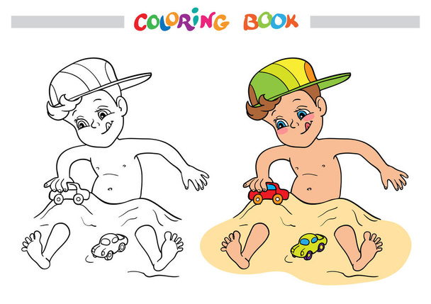Χρωματισμός βιβλίο ή σελίδα. Ένα χαρούμενο αγοράκι σε ένα παιχνίδι με καπέλα στην άμμο και παιχνίδια με αυτοκίνητα. - Διάνυσμα, εικόνα
