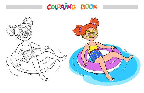 Színező könyv vagy oldal. Boldog kislány úszik gumigyűrűn a vízben. - Vektor, kép