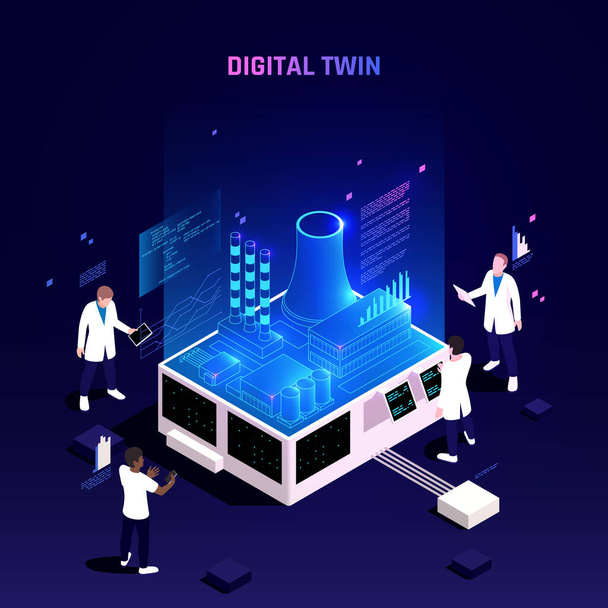 Digital Twin Technology Izometrická kompozice - Vektor, obrázek