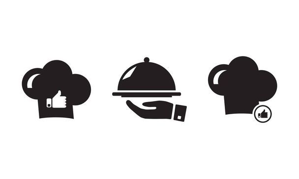 Keittiömestarin hattu. Ammattikokin hattu. Logo kylttejä leipomo, kulinaarinen, ravintola ja ruokasali. Maukasta ruokaa. Kuten kokki. käsi keittiömestarin lautasen kanssa. - Vektori, kuva