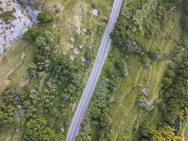 Luftaufnahme einer geraden Straße, die von Pflanzen und Grün umgeben ist, Insel Pag, Kroatien. Wilde Natur - Foto, Bild