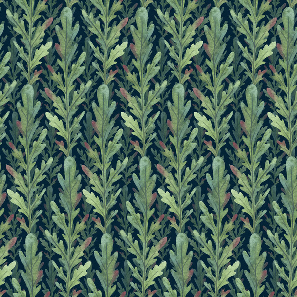 Green leaves with pink edges. Leaves of plants in the form of Christmas trees. Watercolor botanical seamless pattern on a dark background. - Photo, Image