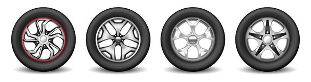 Llantas de coche con neumáticos de goma y discos modernos cromados para la protección de la rueda del vehículo - Vector, imagen