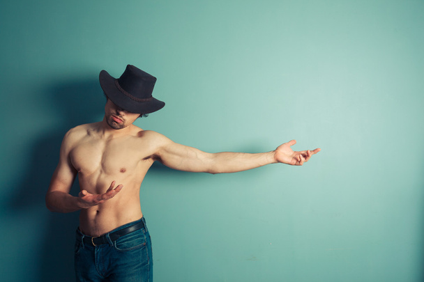 Sexy shirtless cowboy pointing - Photo, Image