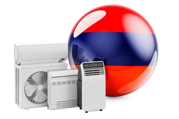 Armenian flag with cooling and climate electric devices. Manufacturing, trading and service of air conditioners in Armenia, 3D rendering isolated on white background - Photo, Image
