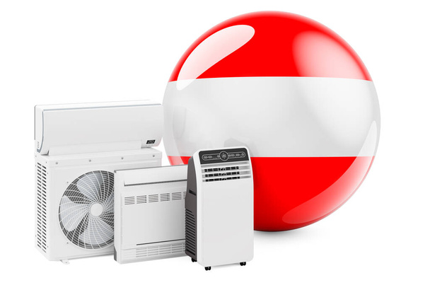 Oostenrijkse vlag met koel- en klimaatelektrische apparatuur. Productie, handel en service van airconditioners in Oostenrijk, 3D-weergave geïsoleerd op witte achtergrond - Foto, afbeelding