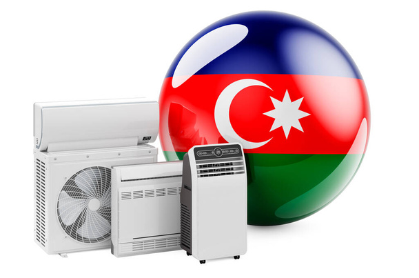 Azerbaijani flag with cooling and climate electric devices. Manufacturing, trading and service of air conditioners in Azerbaijan, 3D rendering isolated on white background - Photo, Image
