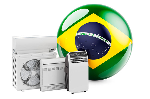 Soğutma ve iklim elektrikli cihazları olan Brezilya bayrağı. Brezilya 'da klima imalatı, ticareti ve hizmeti, beyaz arka planda 3 boyutlu görüntüleme - Fotoğraf, Görsel