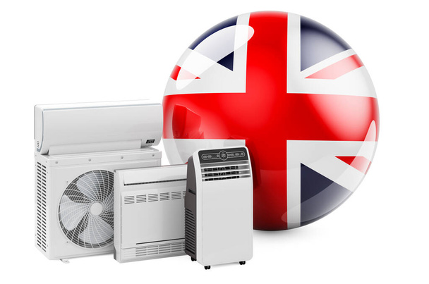 Bandera británica con refrigeración y dispositivos eléctricos climáticos. Fabricación, comercio y servicio de acondicionadores de aire en Gran Bretaña, representación 3D aislada sobre fondo blanco - Foto, imagen